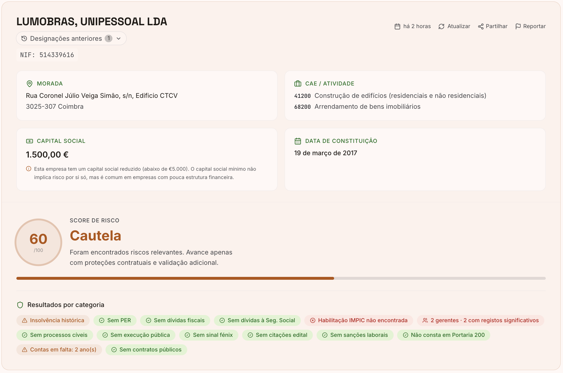 Relatório ObraXRAY da Lumobras, Unipessoal Lda com score de risco 60 em 100, veredicto Cautela, insolvência histórica assinalada e designação anterior Vertente Tranquila